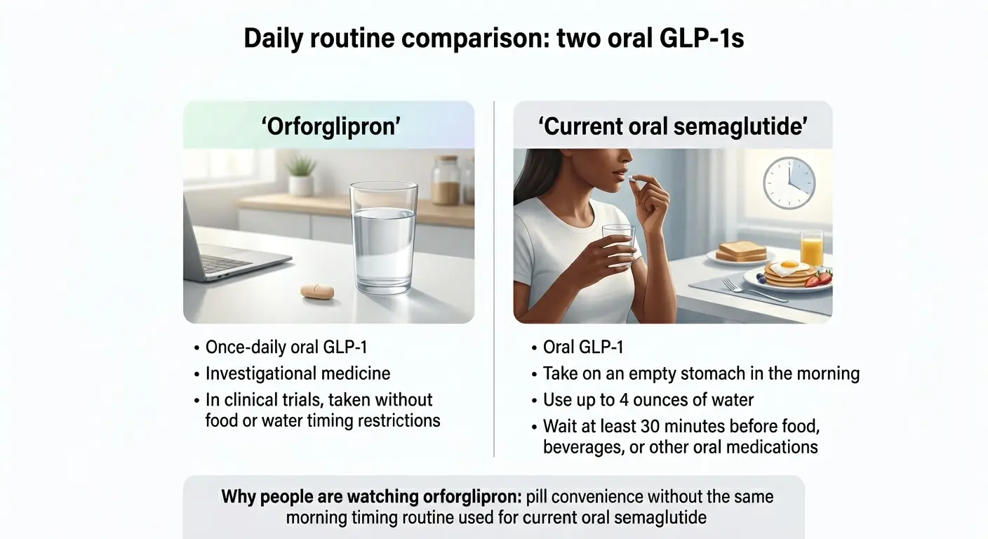 Daily routine comparison: orforglipron (once-daily, no food or water timing restrictions in clinical trials) vs current oral semaglutide (empty stomach, up to 4 oz water, 30-minute wait)