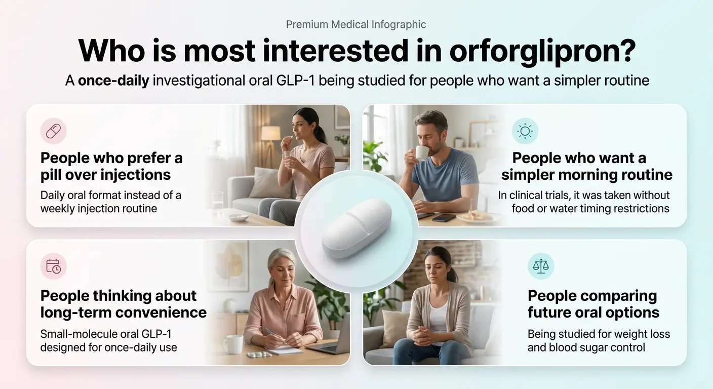 Who is most interested in orforglipron — people who prefer pills over injections, want simpler morning routines, think about long-term convenience, and are comparing future oral GLP-1 options