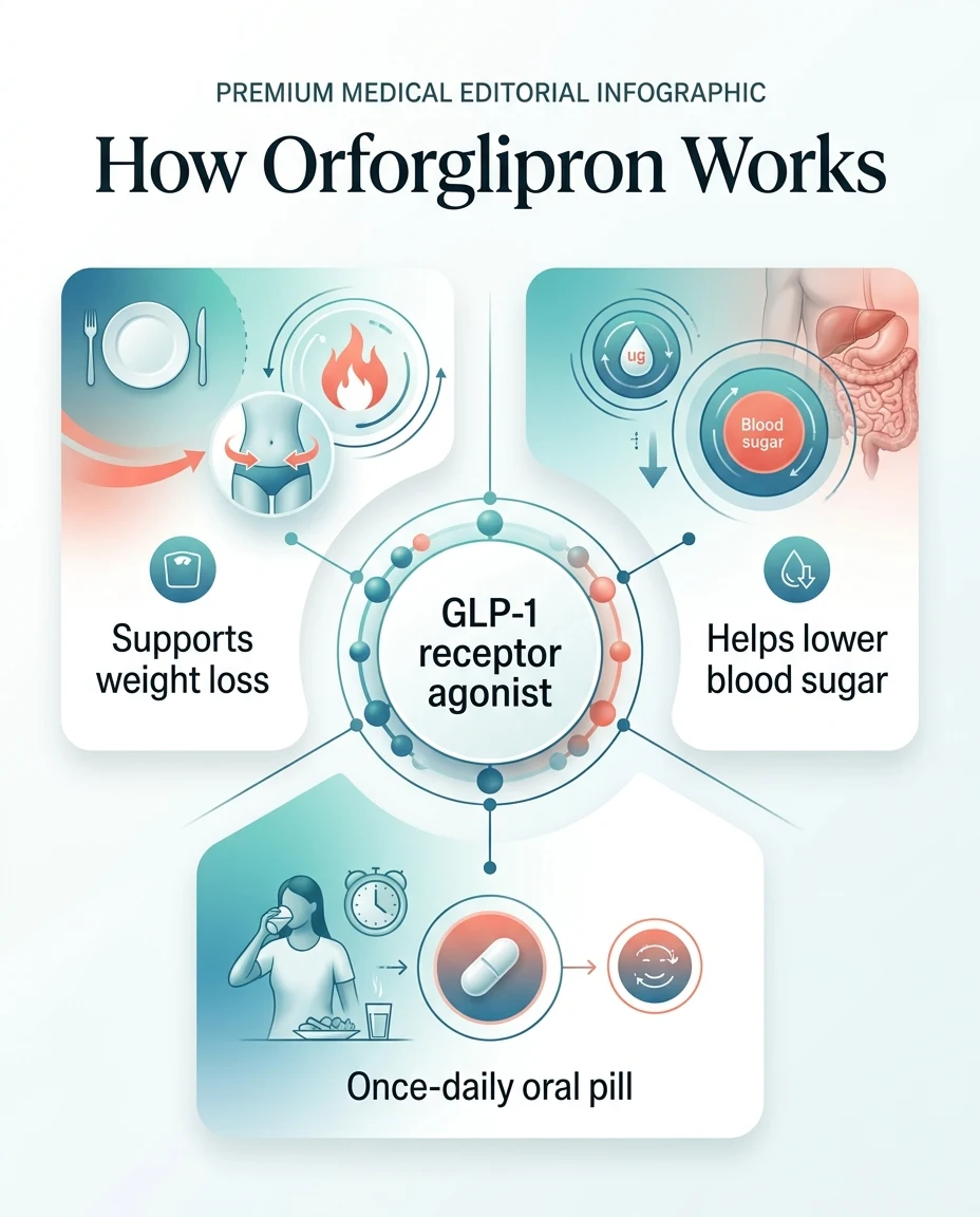 How orforglipron works: GLP-1 receptor agonist that supports weight loss by reducing appetite and calorie intake, helps lower blood sugar, and is taken as a once-daily oral pill without food or water timing restrictions.