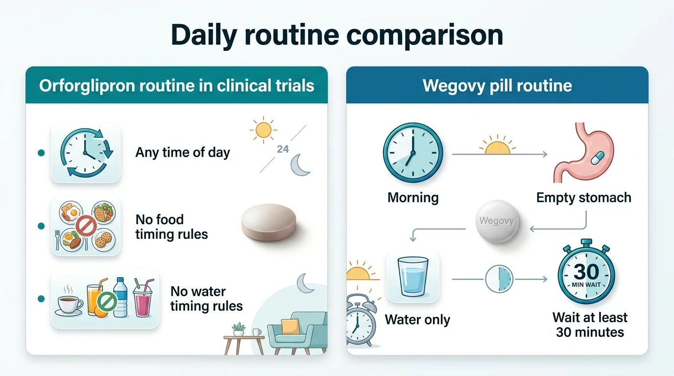Daily routine comparison: Orforglipron routine in clinical trials — any time of day, no food timing rules, no water timing rules. Wegovy pill routine — must be taken in the morning on an empty stomach, with water only, then wait at least 30 minutes before eating.