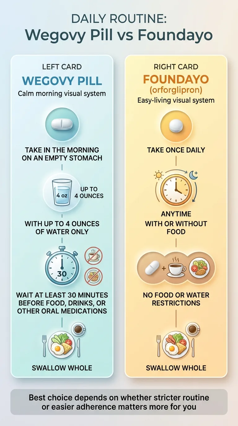 Daily routine comparison infographic: Wegovy pill requires morning empty-stomach dosing with up to 4 oz of water, a 30-minute wait before food or drinks, and swallowing whole. Foundayo can be taken once daily at any time, with or without food, no water restrictions, swallowed whole.