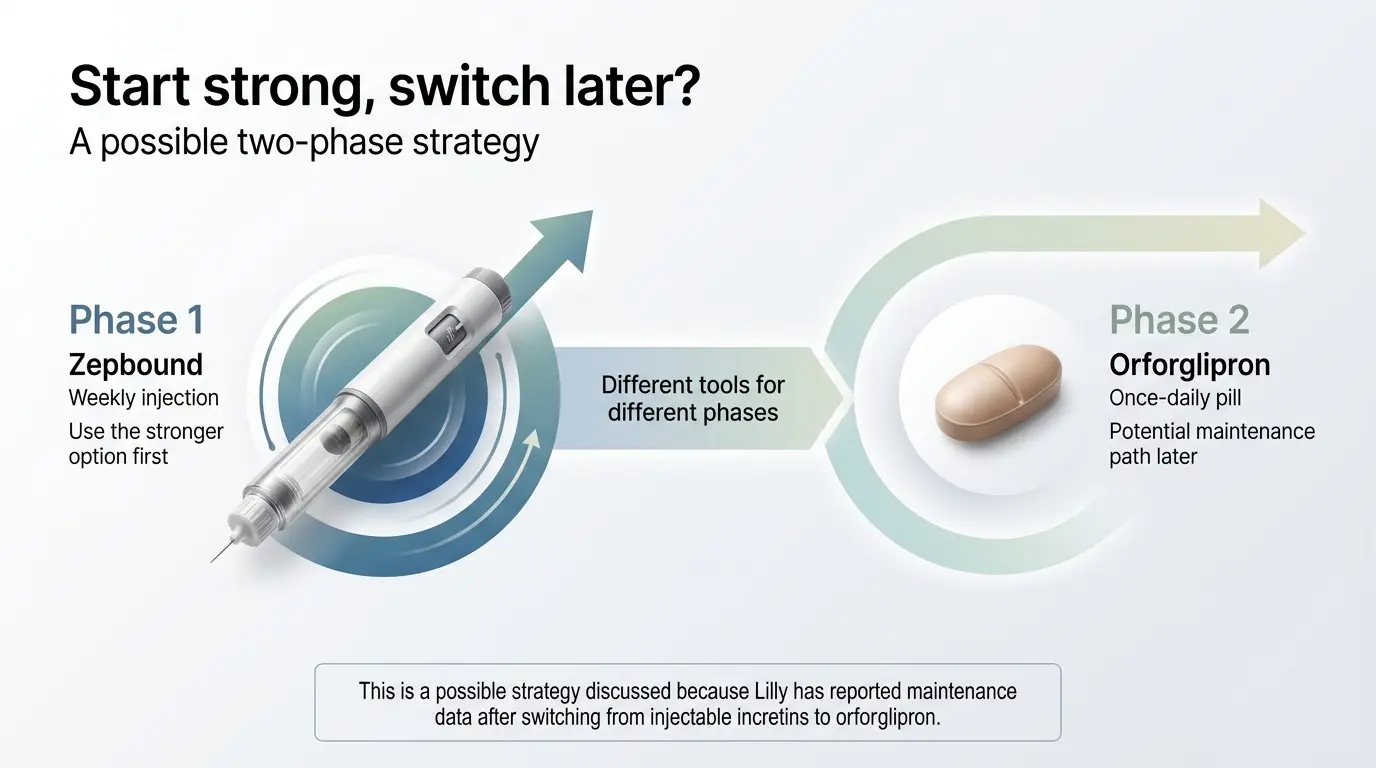 Start strong, switch later — a possible two-phase strategy: Phase 1 Zepbound weekly injection for maximum weight loss, then Phase 2 orforglipron once-daily pill for convenient maintenance. Based on Lilly's ATTAIN-MAINTAIN trial data.