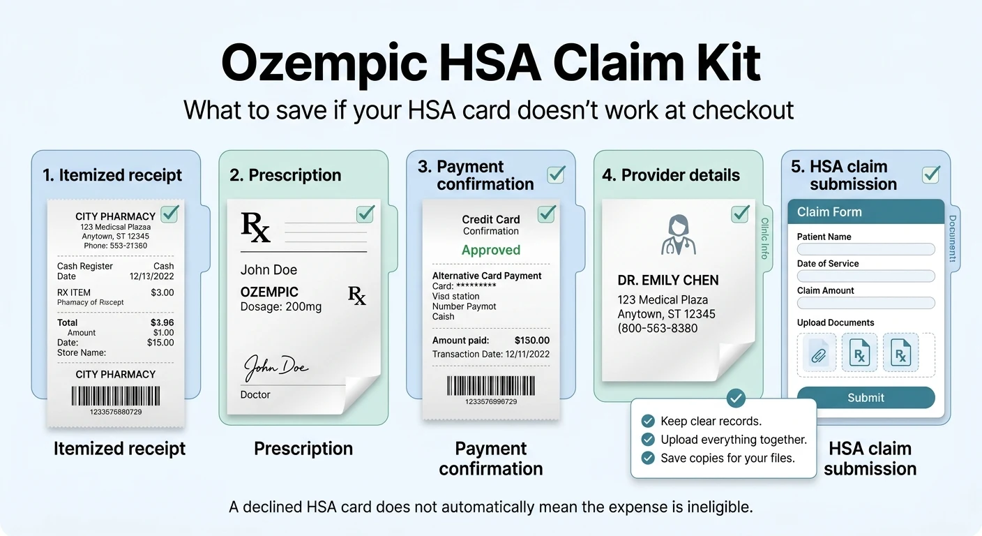 Ozempic HSA Claim Kit — 5 documents to save when your HSA card doesn't work at checkout: 1. Itemized receipt from City Pharmacy with patient name, medication, date and amount. 2. Prescription with John Doe patient name, Ozempic 200mg, signed by doctor. 3. Payment confirmation showing credit card approval and amount paid $150. 4. Provider details for Dr. Emily Chen at 123 Medical Plaza. 5. HSA claim submission form with claim amount and document upload. Note: a declined HSA card does not automatically mean the expense is ineligible.
