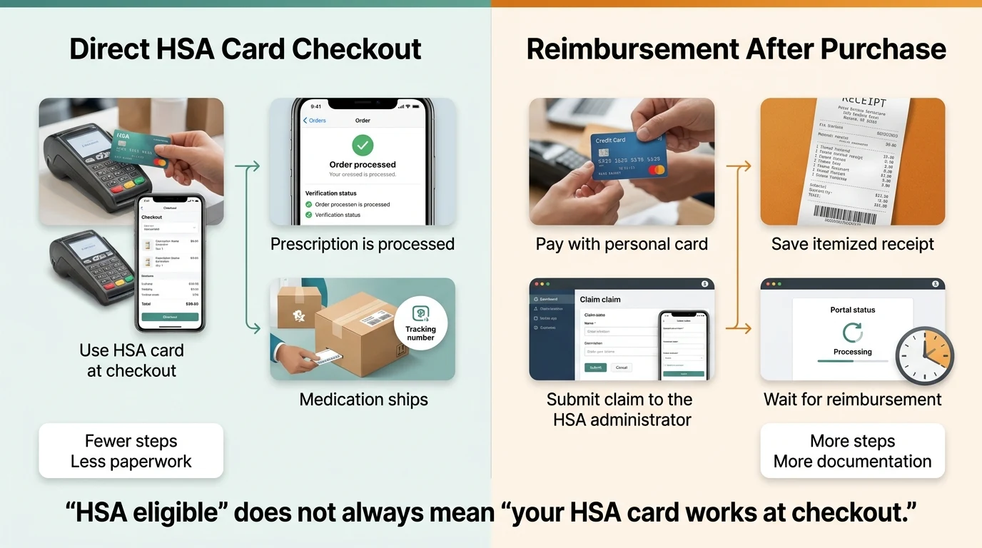 Direct HSA card checkout vs reimbursement after purchase: direct checkout means use HSA card at checkout, prescription is processed, medication ships — fewer steps, less paperwork. Reimbursement means pay with personal card, save itemized receipt, submit claim to HSA administrator, wait for reimbursement — more steps, more documentation. 'HSA eligible' does not always mean your HSA card works at checkout.