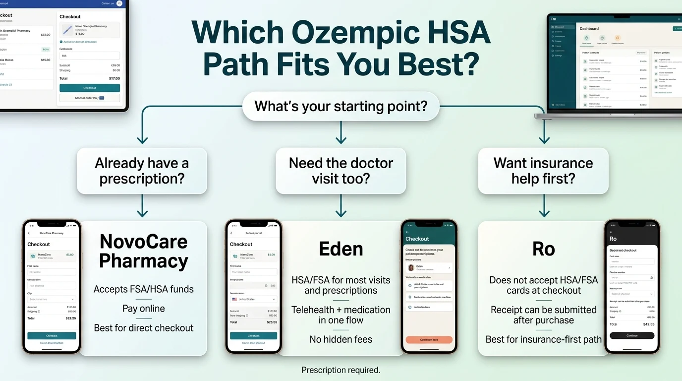 Which Ozempic HSA path fits you best? Flowchart: already have a prescription goes to NovoCare Pharmacy which accepts FSA/HSA funds and is best for direct checkout. Need the doctor visit too goes to Eden which accepts HSA/FSA for most visits and prescriptions with no hidden fees. Want insurance help first goes to Ro which does not accept HSA/FSA cards at checkout but receipt can be submitted after purchase and is best for the insurance-first path.