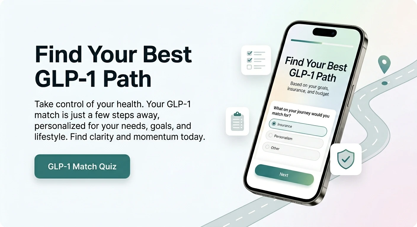 Find Your Best GLP-1 Path — Take control of your health. Your GLP-1 match is just a few steps away, personalized for your needs, goals, and lifestyle. GLP-1 Match Quiz shown on a mobile phone screen.