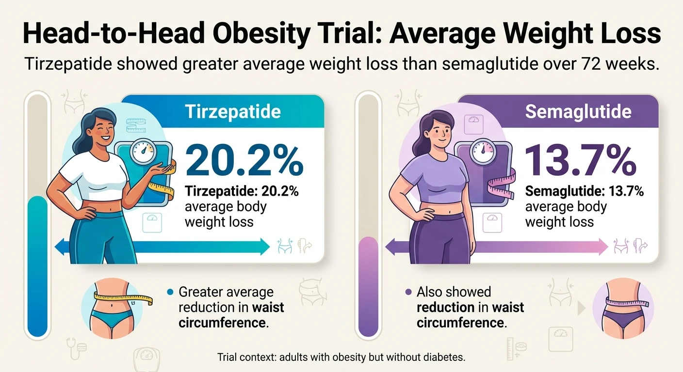 Head-to-Head Obesity Trial Average Weight Loss infographic. Tirzepatide showed greater average weight loss than semaglutide over 72 weeks. Tirzepatide: 20.2% average body weight loss, greater average reduction in waist circumference. Semaglutide: 13.7% average body weight loss, also showed reduction in waist circumference. Trial context: adults with obesity but without diabetes.