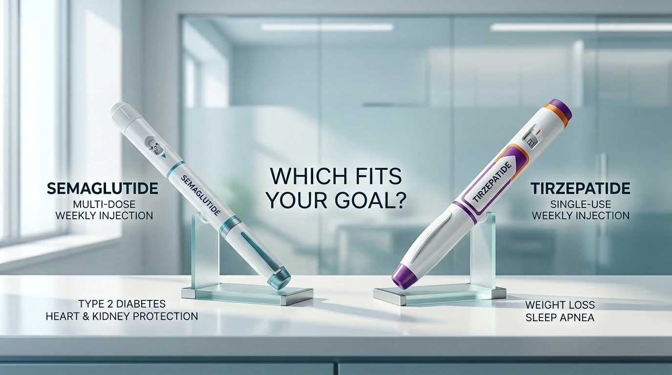Ozempic vs Zepbound — Which fits your goal? Two injection pens displayed on pedestals: Semaglutide (multi-dose weekly injection) on the left, approved for Type 2 Diabetes, Heart and Kidney Protection; Tirzepatide (single-use weekly injection) on the right, approved for Weight Loss and Sleep Apnea.