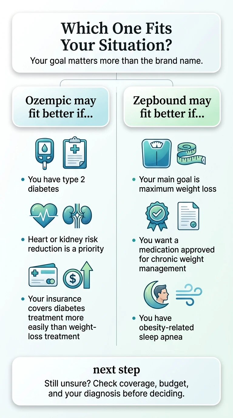 Which One Fits Your Situation? Decision framework. Ozempic may fit better if: you have type 2 diabetes; heart or kidney risk reduction is a priority; your insurance covers diabetes treatment more easily than weight-loss treatment. Zepbound may fit better if: your main goal is maximum weight loss; you want a medication approved for chronic weight management; you have obesity-related sleep apnea. Next step: Still unsure? Check coverage, budget, and your diagnosis before deciding.