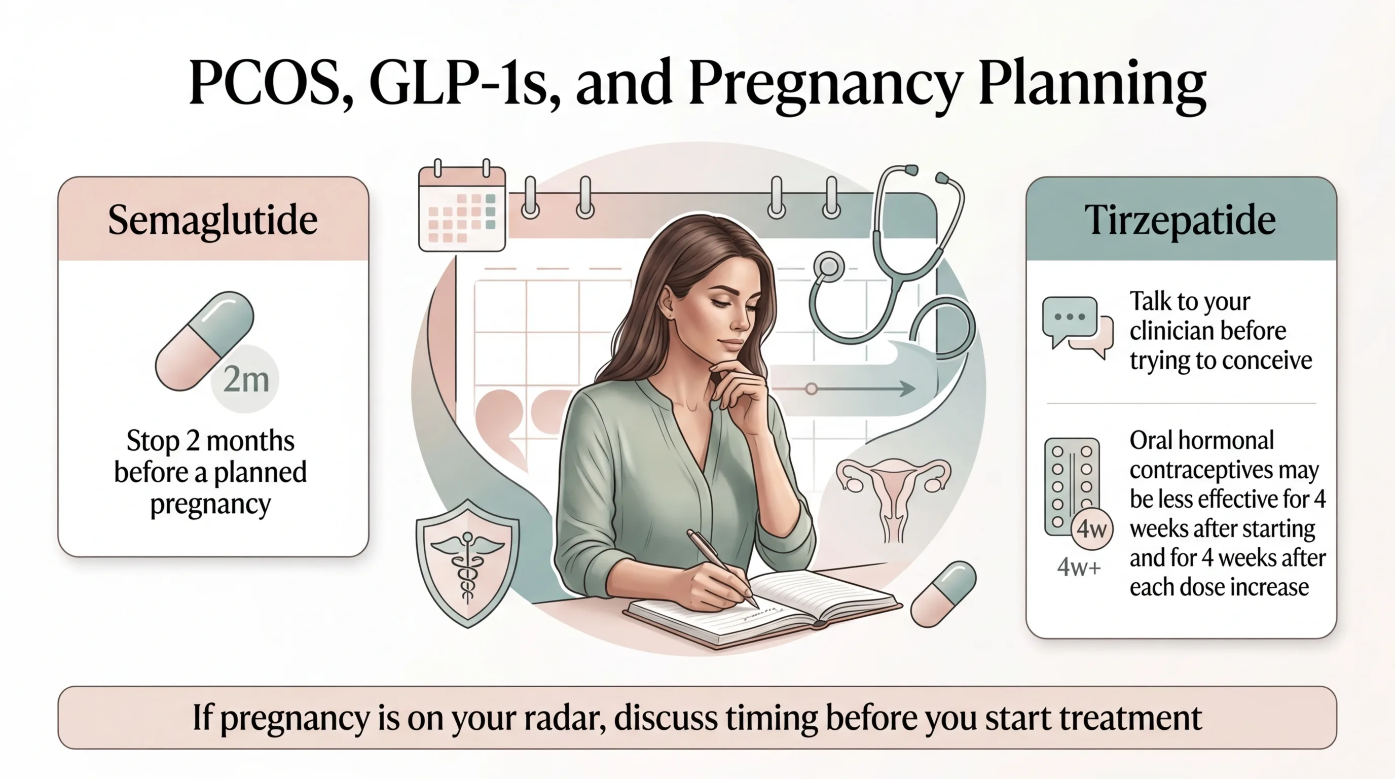 PCOS, GLP-1s, and pregnancy planning — semaglutide stop 2 months before TTC, tirzepatide contraceptive interaction warning