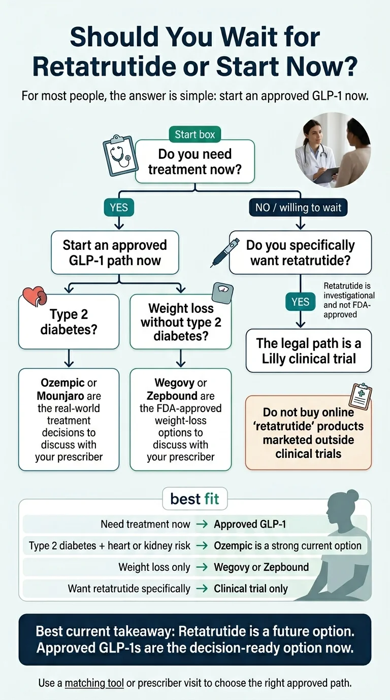 Should You Wait for Retatrutide or Start Now? Decision flowchart: If you need treatment now, start an approved GLP-1 path (Ozempic or Mounjaro for type 2 diabetes; Wegovy or Zepbound for weight loss). If willing to wait and specifically want retatrutide, the legal path is a Lilly clinical trial. Do not buy online retatrutide products marketed outside clinical trials. Best fit: need treatment now → Approved GLP-1; type 2 diabetes + heart or kidney risk → Ozempic; weight loss only → Wegovy or Zepbound; want retatrutide specifically → clinical trial only.