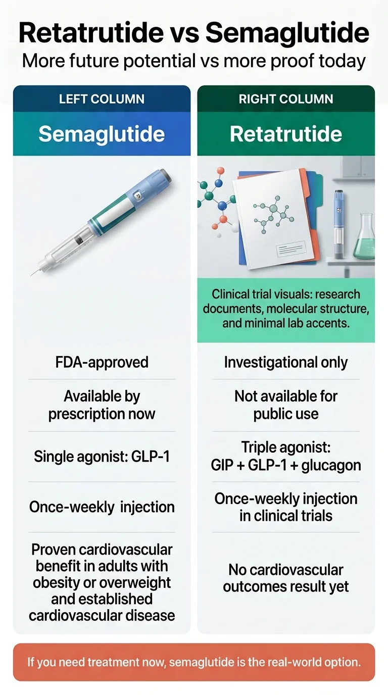 Retatrutide vs semaglutide side-by-side comparison — semaglutide is FDA-approved with available prescription access and proven cardiovascular benefit, retatrutide is investigational only available through Eli Lilly clinical trials