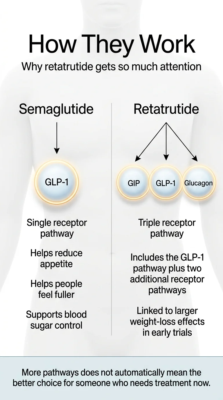 How semaglutide and retatrutide work — semaglutide activates a single GLP-1 receptor pathway reducing appetite and helping people feel fuller; retatrutide activates three pathways: GIP, GLP-1, and glucagon, linked to larger weight-loss effects in early trials