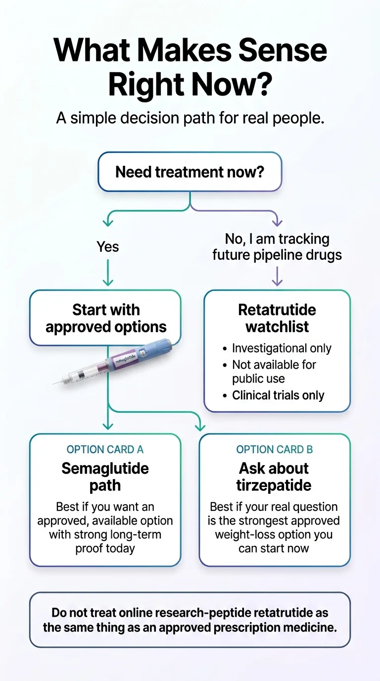 Decision guide for retatrutide vs semaglutide — if you need treatment now: start with approved semaglutide or ask about tirzepatide. If tracking future pipeline drugs: retatrutide watchlist (investigational only, clinical trials only, not available for public use)