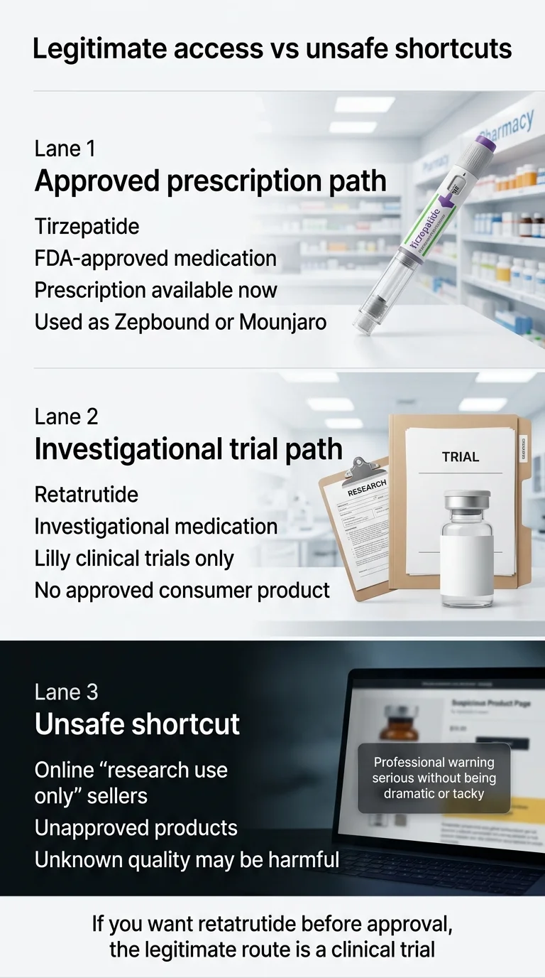 Legitimate access versus unsafe shortcuts for retatrutide and tirzepatide — Lane 1: approved prescription path with tirzepatide (FDA-approved, prescription available, used as Zepbound or Mounjaro). Lane 2: investigational trial path for retatrutide (Lilly clinical trials only, no approved consumer product). Lane 3: unsafe shortcut — online research-use sellers with unapproved products and unknown quality that may be harmful.