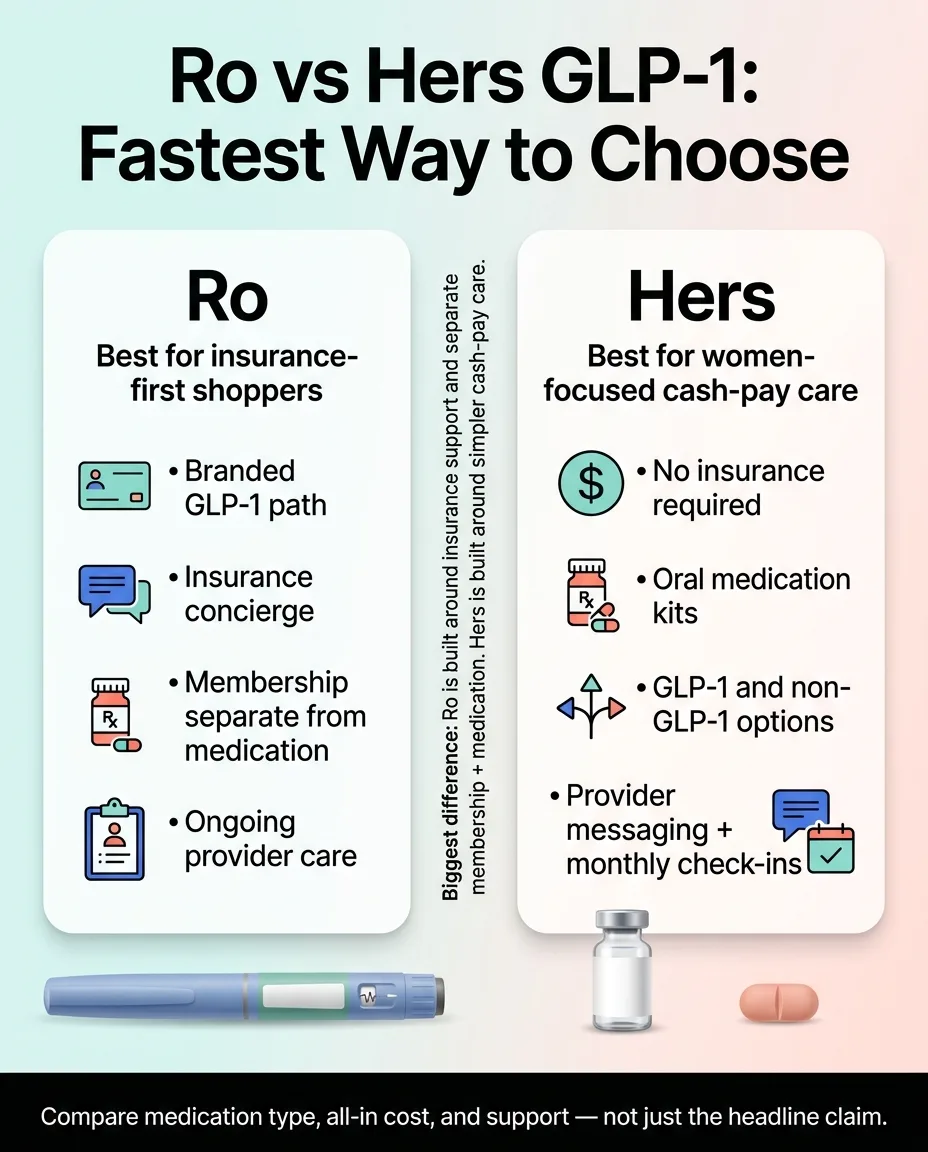 Ro vs Hers GLP-1 comparison infographic showing Ro is best for insurance-first shoppers with branded GLP-1 path, insurance concierge, and ongoing provider care, while Hers is best for women-focused cash-pay care with no insurance required, oral medication kits, and GLP-1 plus non-GLP-1 options