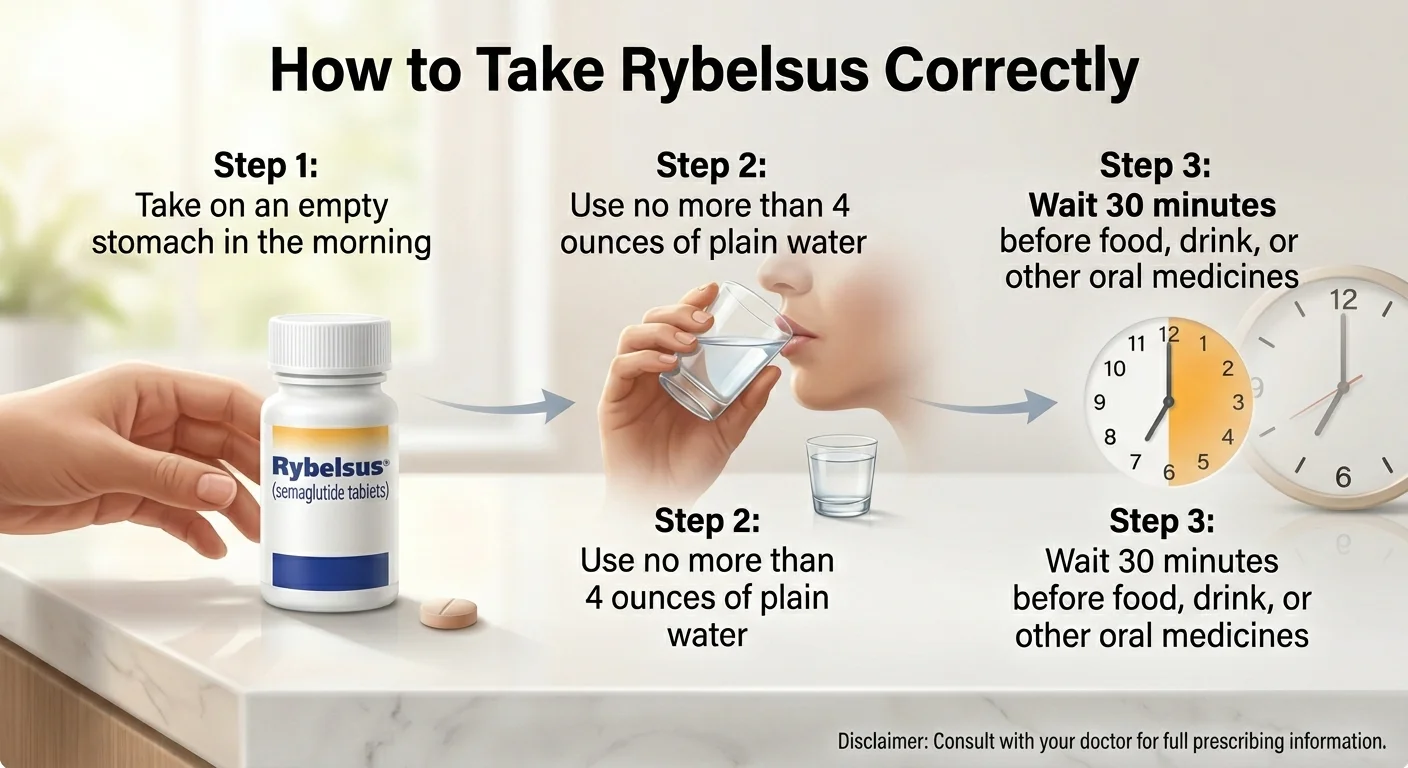 How to Take Rybelsus Correctly: Step 1 — Take on an empty stomach in the morning. Step 2 — Use no more than 4 ounces of plain water. Step 3 — Wait 30 minutes before food, drink, or other oral medicines. Disclaimer: Consult with your doctor for full prescribing information.