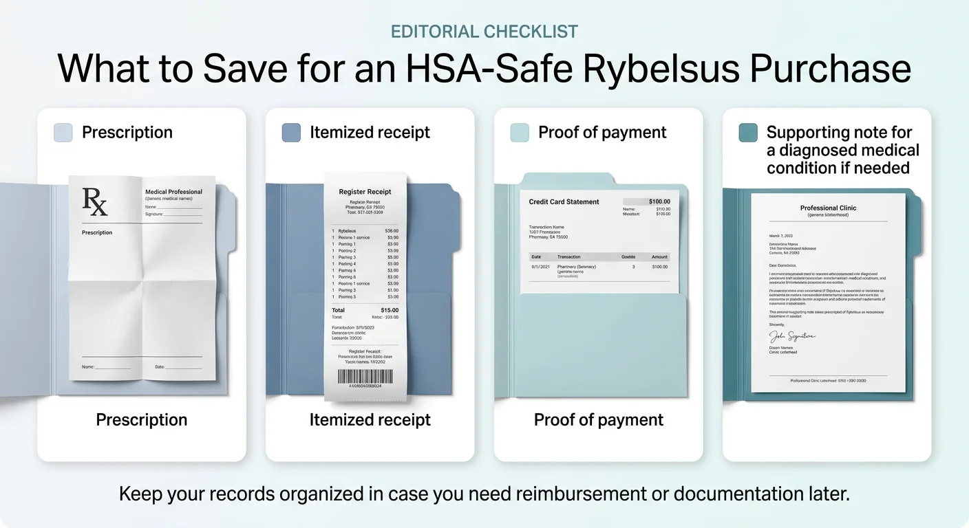 What to save for an HSA-safe Rybelsus purchase — editorial checklist showing 4 items: Prescription (Rx form), Itemized receipt (register receipt showing Rybelsus line item), Proof of payment (credit card statement), Supporting note for a diagnosed medical condition if using HSA for off-label weight loss. Keep records organized in case you need reimbursement or documentation later.
