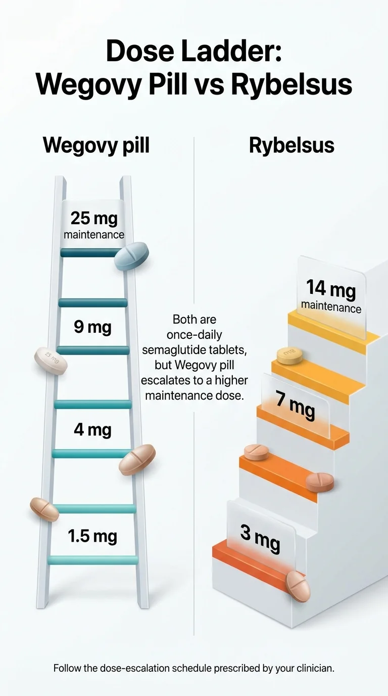 Dose ladder comparison showing two escalation paths: Wegovy pill escalates from 1.5 mg month 1 to 4 mg month 2 to 9 mg month 3 to 25 mg maintenance dose from month 4. Rybelsus escalates from 3 mg month 1 (starter, not therapeutic) to 7 mg month 2 (first therapeutic dose) to 14 mg maximum from month 3. Both are once-daily oral semaglutide tablets.