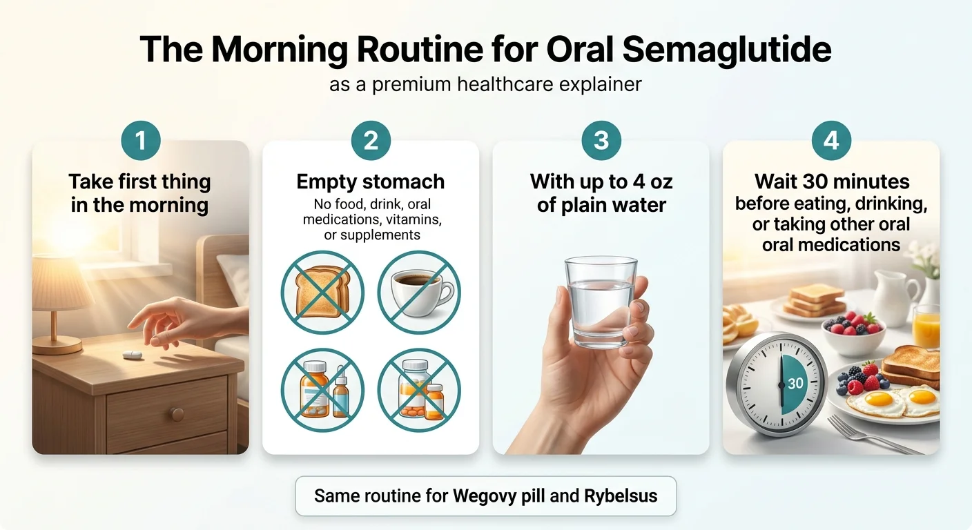 Four-step morning routine for oral semaglutide — identical for Wegovy pill and Rybelsus: Step 1 take first thing in the morning, Step 2 empty stomach only, Step 3 with up to 4 oz plain water only, Step 4 wait at least 30 minutes before eating, drinking anything else, or taking other oral medications.
