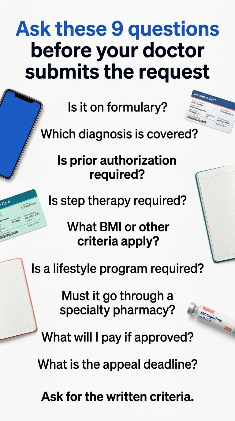 Ask these 9 questions before your doctor submits the prior authorization request: Is it on formulary? Which diagnosis is covered? Is prior authorization required? Is step therapy required? What BMI or other criteria apply? Is a lifestyle program required? Must it go through a specialty pharmacy? What will I pay if approved? What is the appeal deadline? Ask for the written criteria.