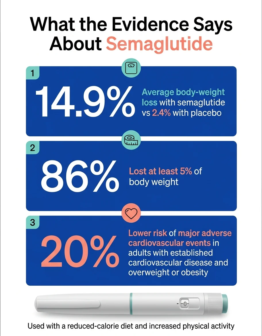 What the evidence says about semaglutide — 14.9% average body-weight loss vs 2.4% with placebo, 86% lost at least 5% of body weight, and 20% lower risk of major adverse cardiovascular events in adults with established cardiovascular disease and overweight or obesity