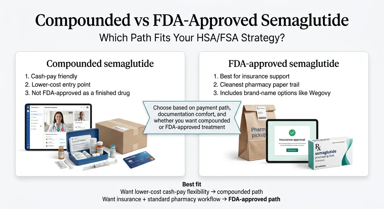 Side-by-side infographic: Compounded semaglutide vs FDA-approved semaglutide for HSA/FSA. Compounded: cash-pay friendly, lower-cost entry point, not FDA-approved as a finished drug. FDA-approved: best for insurance support, cleanest pharmacy paper trail, includes brand-name options like Wegovy. Decision guide: choose compounded for lower cash-pay cost; choose FDA-approved for insurance + standard pharmacy workflow.