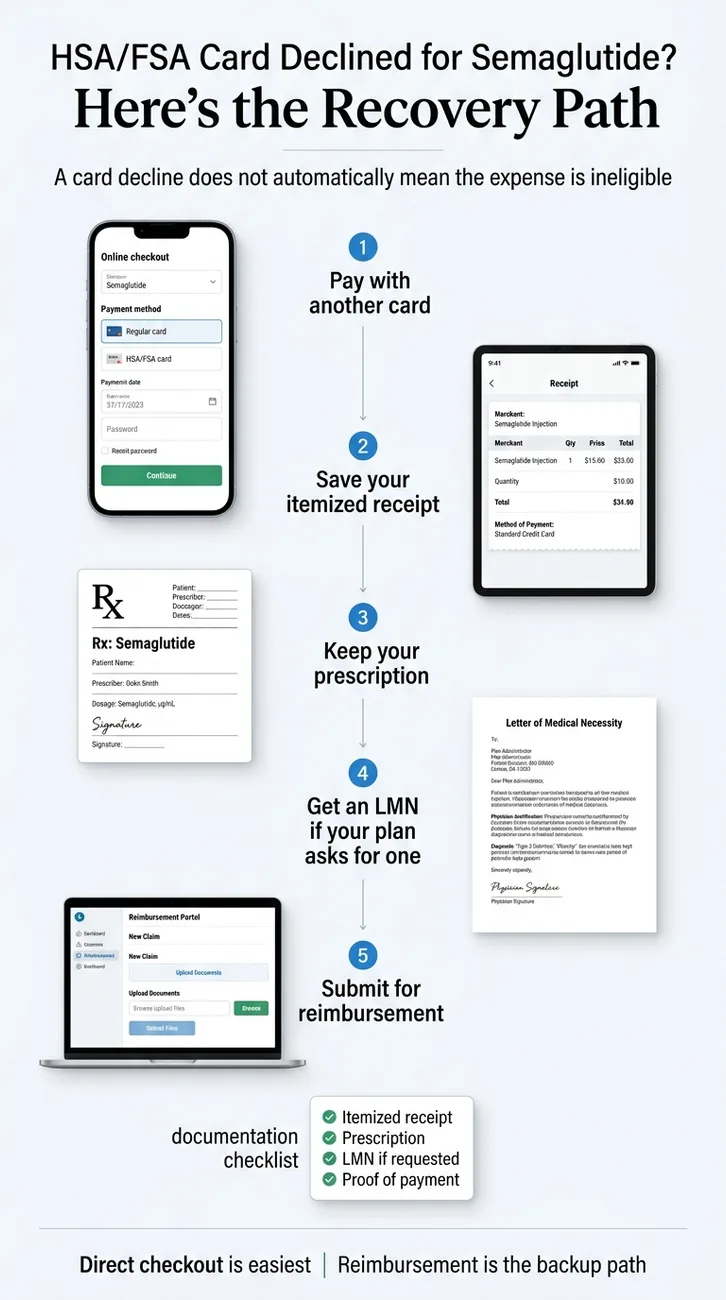 Step-by-step infographic for HSA/FSA card declined for semaglutide recovery path: 1) Pay with another card, 2) Save your itemized receipt, 3) Keep your prescription, 4) Get an LMN if your plan asks, 5) Submit for reimbursement. Documentation checklist: itemized receipt, prescription, LMN if requested, proof of payment.
