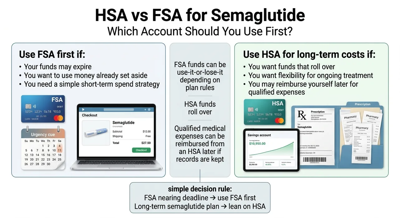 Infographic: HSA vs FSA for semaglutide — which account should you use first? Use FSA first if your funds may expire, you want to use money already set aside, or need a simple short-term spend strategy. Use HSA for long-term costs if you want funds that roll over, want flexibility for ongoing treatment, or may reimburse yourself later. Simple decision rule: FSA nearing deadline → use FSA first; long-term semaglutide plan → lean on HSA.