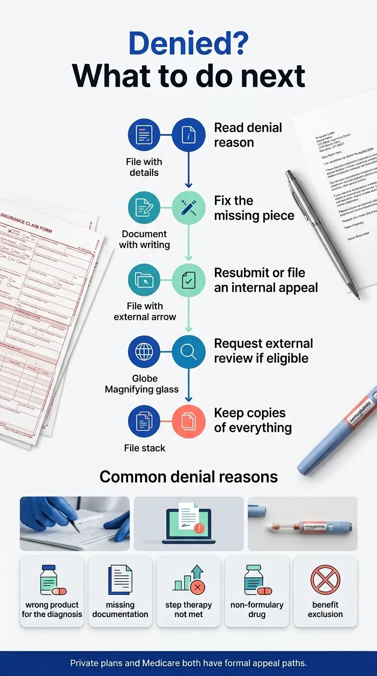 Denied? What to do next: Read denial reason, fix the missing piece, resubmit or file an internal appeal, request external review if eligible, keep copies of everything. Common denial reasons: wrong product for the diagnosis, missing documentation, step therapy not met, non-formulary drug, benefit exclusion.