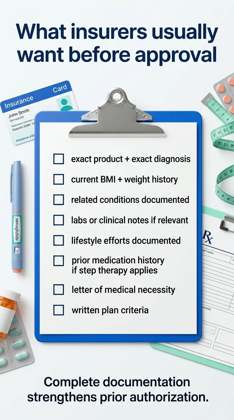 What insurers usually want before approval: exact product plus exact diagnosis, current BMI plus weight history, related conditions documented, labs or clinical notes if relevant, lifestyle efforts documented, prior medication history if step therapy applies, letter of medical necessity, and written plan criteria. Complete documentation strengthens prior authorization.