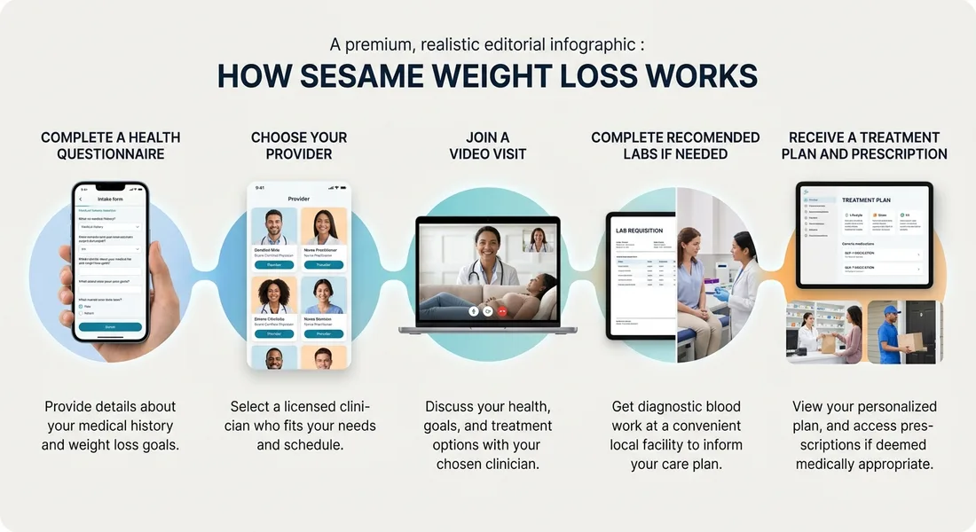 How Sesame Weight Loss Works — 5-step infographic: complete health questionnaire, choose your provider, join a video visit, complete recommended labs if needed, receive treatment plan and prescription