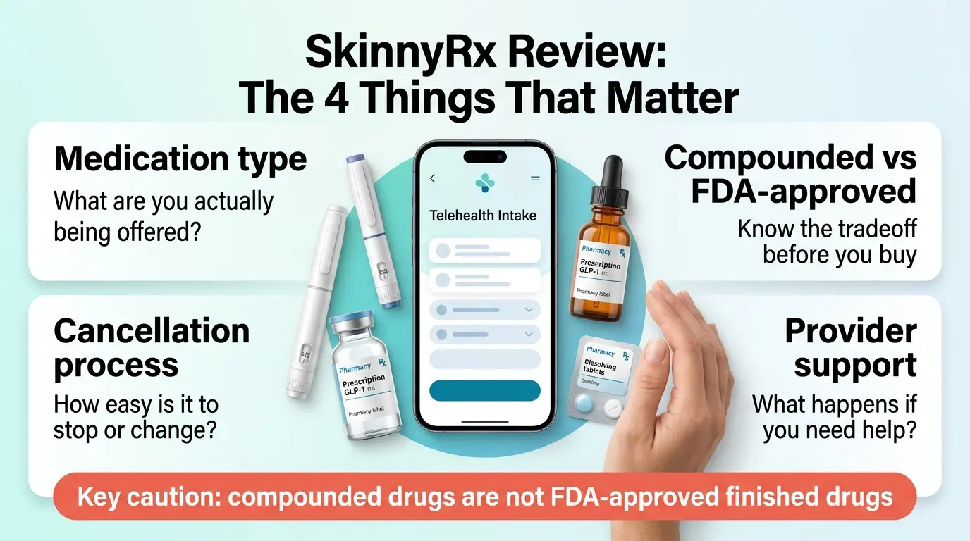 SkinnyRx Review: The 4 things that matter — medication type (what are you actually being offered?), compounded vs FDA-approved (know the tradeoff before you buy), cancellation process (how easy is it to stop or change?), and provider support (what happens if you need help?). Key caution: compounded drugs are not FDA-approved finished drugs.