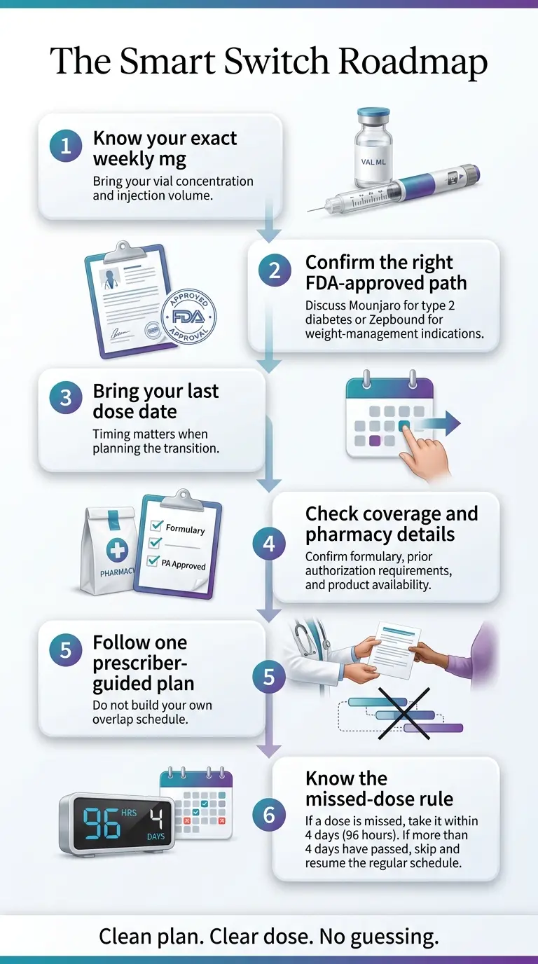 The Smart Switch Roadmap: 6-step process — (1) Know your exact weekly mg, (2) Confirm the right FDA-approved path (Mounjaro for T2D or Zepbound for weight management), (3) Bring your last dose date, (4) Check coverage and pharmacy details, (5) Follow one prescriber-guided plan, (6) Know the missed-dose rule (take within 96 hours / 4 days).