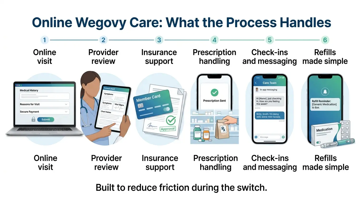 Online Wegovy Care — What the Process Handles: 1) Online visit, 2) Provider review, 3) Insurance support, 4) Prescription handling, 5) Check-ins and messaging, 6) Refills made simple. Built to reduce friction during the switch.