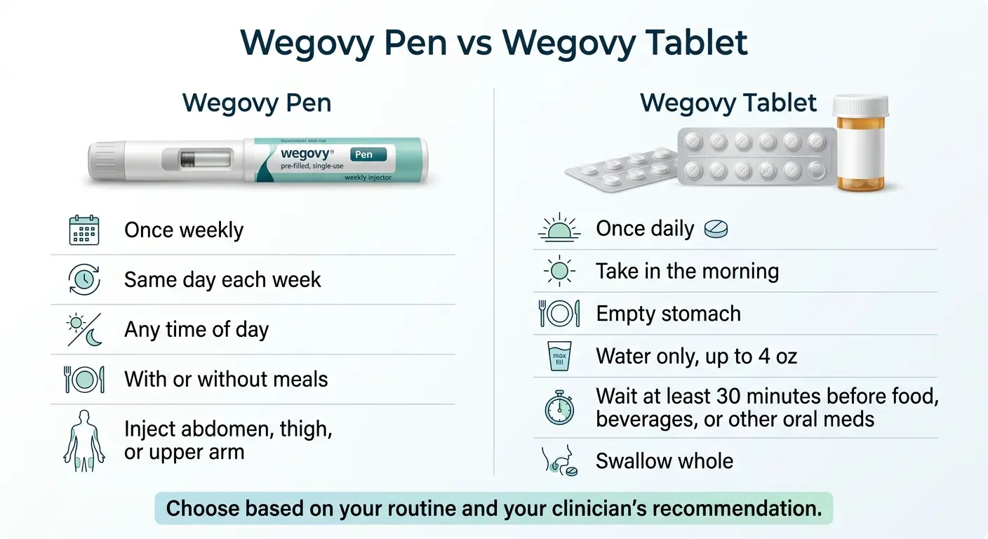 Wegovy Pen vs Wegovy Tablet comparison: Pen is once weekly, same day each week, any time of day, with or without meals, injected in abdomen/thigh/upper arm. Tablet is once daily, taken in the morning, empty stomach, with only up to 4oz water, wait 30 minutes before food.