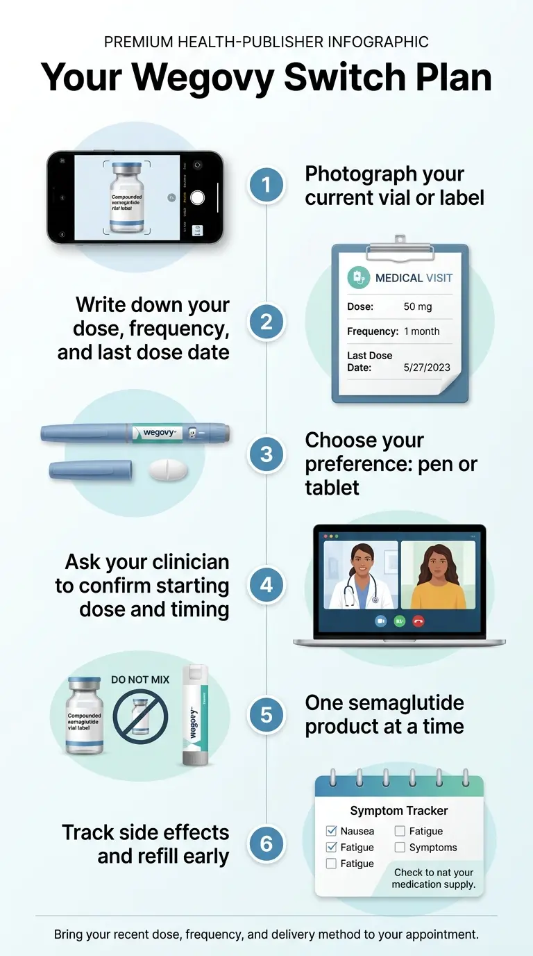 Your Wegovy Switch Plan: Step 1 — photograph your current vial or label and write down dose, frequency, last dose date. Step 2 — write your dose, frequency, and last dose date. Step 3 — choose your preference: pen or tablet. Step 4 — ask your clinician to confirm starting dose and timing. Step 5 — one semaglutide product at a time (do not mix). Step 6 — track side effects and refill early.