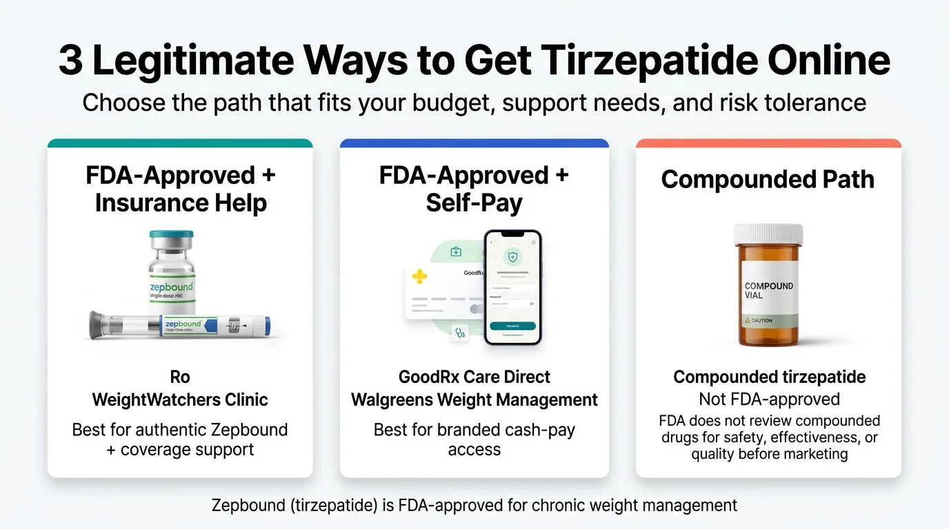 3 legitimate ways to get tirzepatide online — FDA-approved with insurance help through Ro and WeightWatchers Clinic, FDA-approved self-pay through GoodRx Care Direct and Walgreens, and compounded path which is not FDA-approved