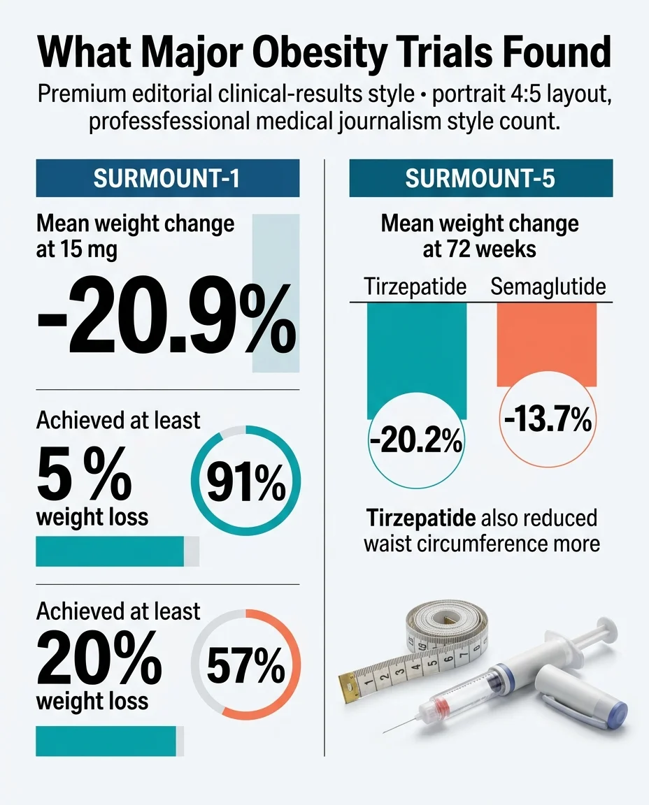 Tirzepatide clinical trial results from SURMOUNT-1 and SURMOUNT-5 — showing 20.9% mean weight change at 15mg dose, 91% achieving 5% weight loss, 57% achieving 20% weight loss, and head-to-head comparison with semaglutide showing tirzepatide at 20.2% vs semaglutide at 13.7% weight loss