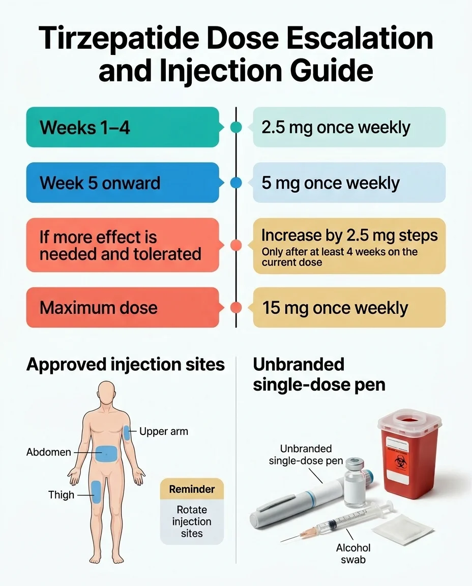 Tirzepatide dose escalation and injection guide — showing weeks 1-4 at 2.5mg once weekly, week 5 onward at 5mg, increasing by 2.5mg steps only after 4 weeks on current dose, maximum dose 15mg once weekly, approved injection sites on abdomen thigh and upper arm, and unbranded single-dose pen illustration