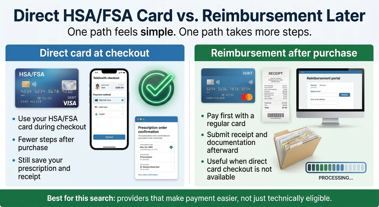 Infographic: Direct HSA/FSA card vs. reimbursement later. Direct card path: use HSA/FSA card during checkout, fewer steps after purchase, save prescription and receipt. Reimbursement path: pay first with a regular card, submit receipt and documentation afterward, useful when direct card checkout is not available. Best for this search: providers that make payment easier, not just technically eligible.