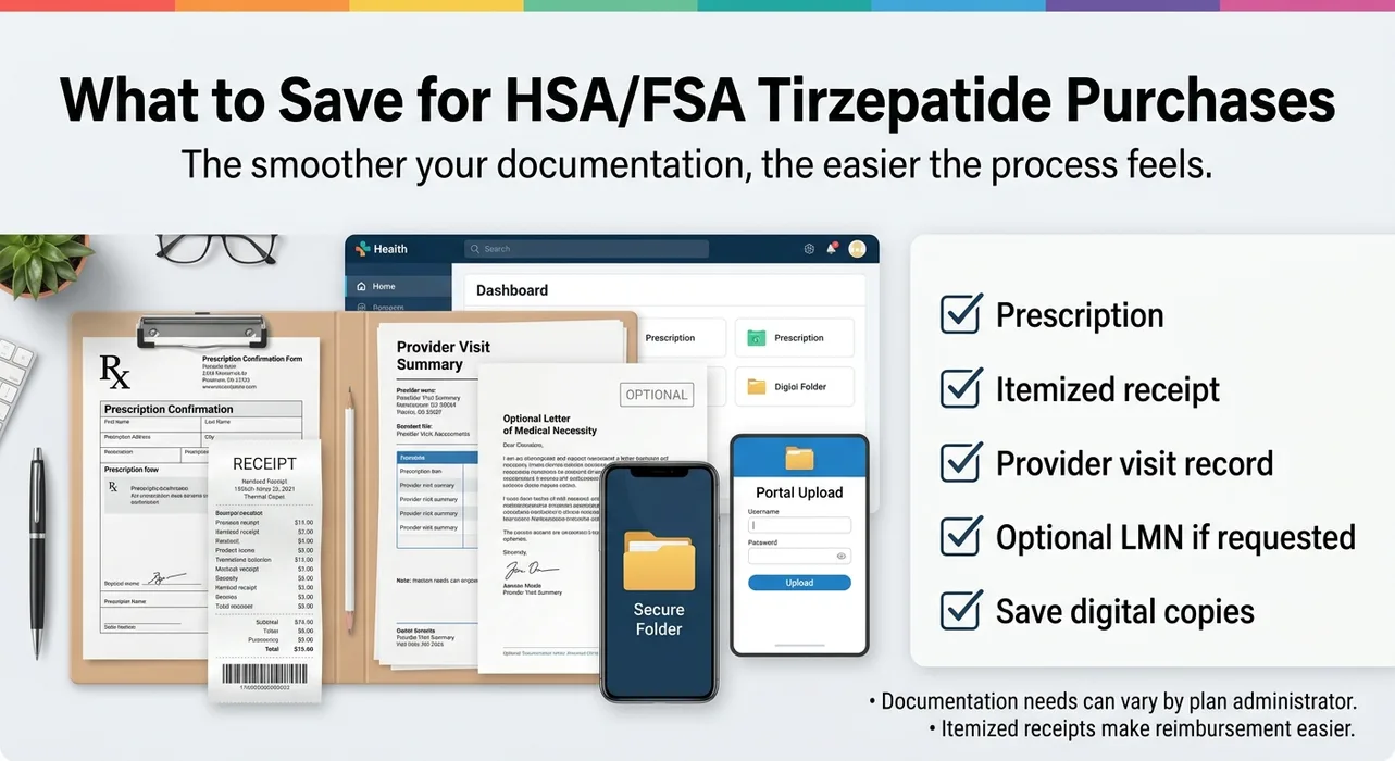Infographic: What to save for HSA/FSA tirzepatide purchases. Checklist: prescription, itemized receipt, provider visit record, optional Letter of Medical Necessity if requested, save digital copies. Documentation needs can vary by plan administrator. Itemized receipts make reimbursement easier.