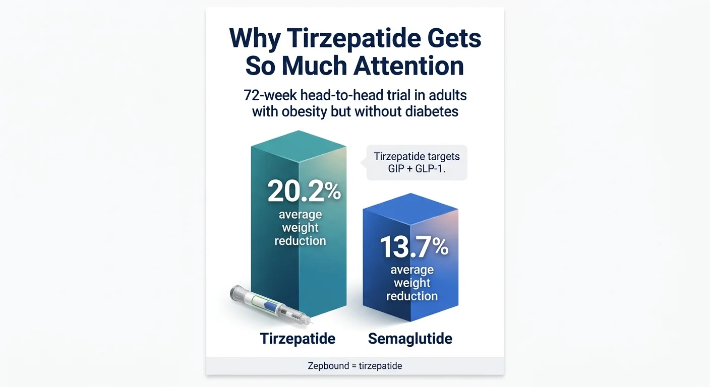 Why tirzepatide gets so much attention — 72-week head-to-head clinical trial results showing tirzepatide achieved 20.2% average weight reduction versus 13.7% for semaglutide in adults with obesity