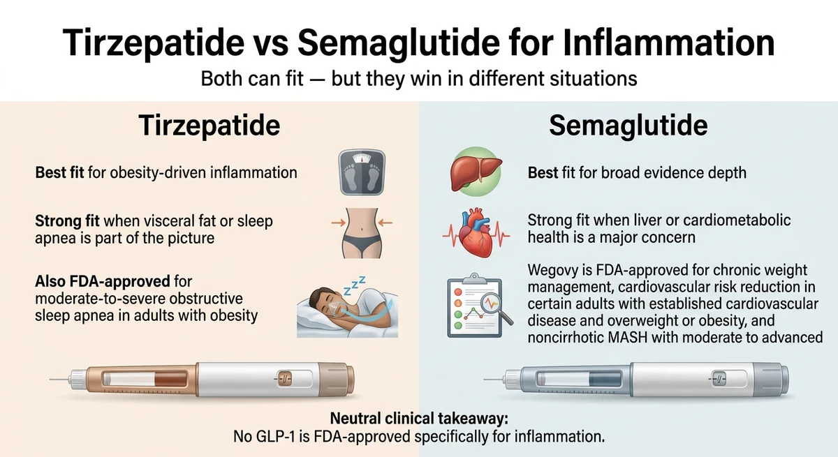 Tirzepatide vs semaglutide for inflammation: tirzepatide best for obesity-driven inflammation and sleep apnea, semaglutide best for broad evidence depth and liver or cardiometabolic inflammation