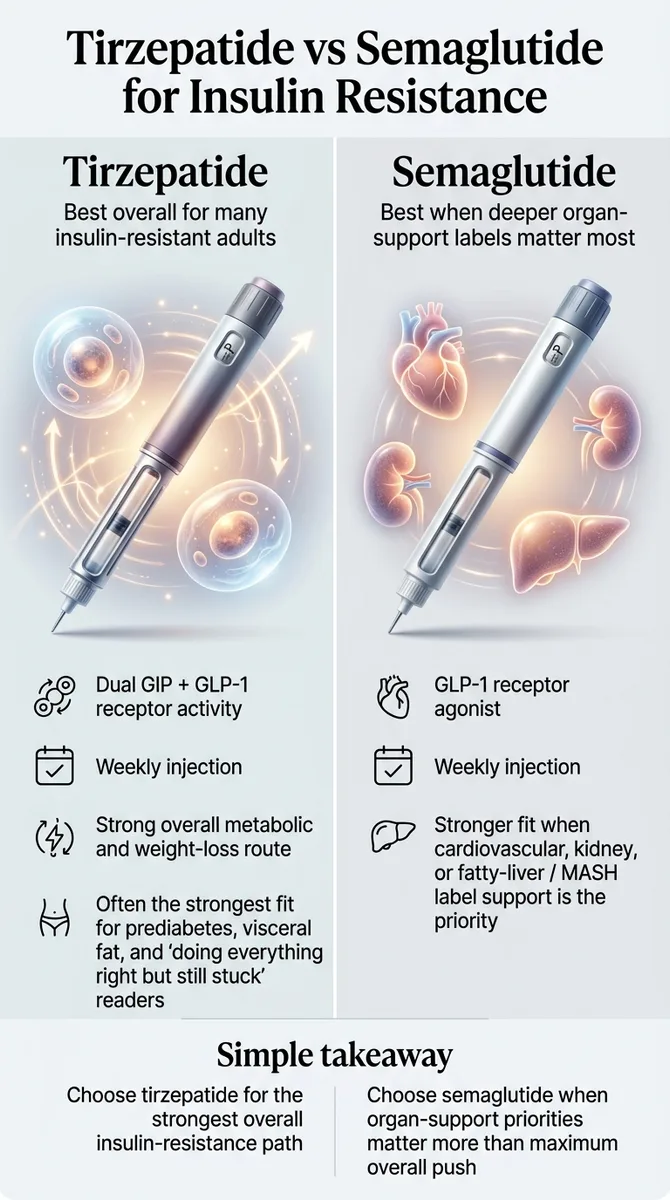 Side-by-side comparison: Tirzepatide vs Semaglutide for insulin resistance. Tirzepatide: best overall for many insulin-resistant adults; dual GIP + GLP-1 receptor activity; weekly injection; strong overall metabolic and weight-loss route; often the strongest fit for prediabetes, visceral fat, and patients doing everything right but still stuck. Semaglutide: best when deeper organ-support labels matter most; GLP-1 receptor agonist; weekly injection; stronger fit when cardiovascular, kidney, or fatty-liver/MASH label support is the priority. Simple takeaway: choose tirzepatide for the strongest overall insulin-resistance path; choose semaglutide when organ-support priorities matter more than maximum overall push.