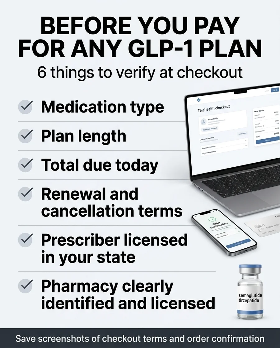 Before you pay for any GLP-1 plan through TrimRx or any telehealth provider — 6 things to verify at checkout: medication type, plan length, total due today, renewal and cancellation terms, prescriber licensed in your state, and pharmacy clearly identified and licensed. Save screenshots of checkout terms and order confirmation.