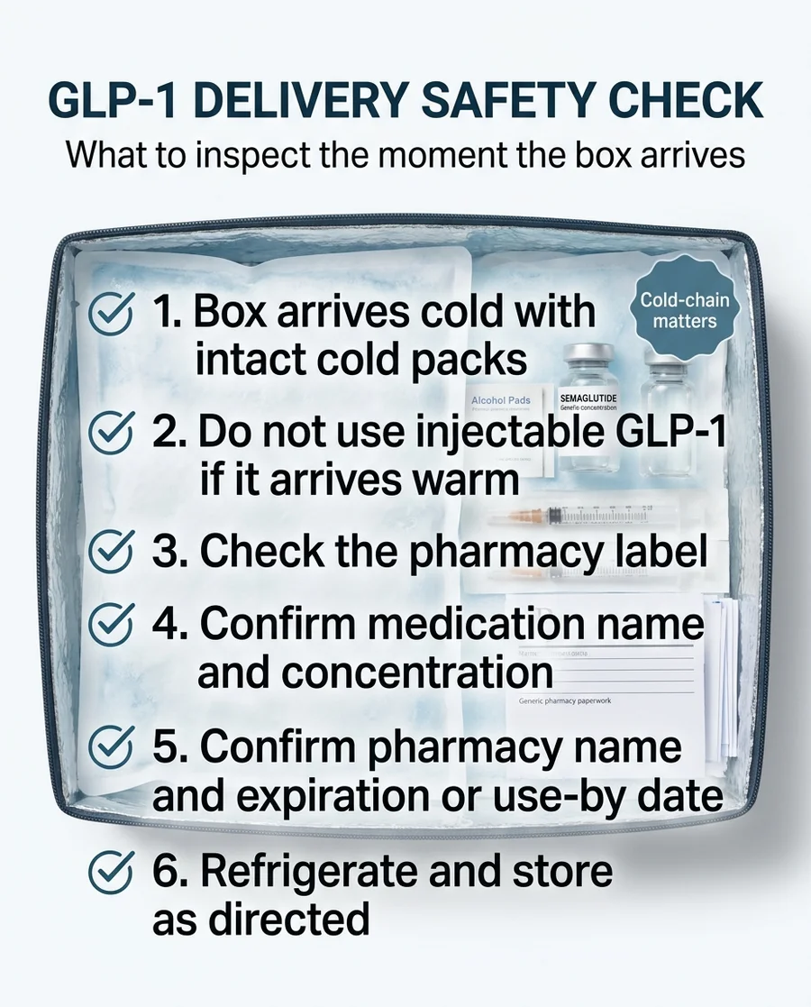 TrimRx GLP-1 delivery safety check — what to inspect the moment the box arrives: 1. Box arrives cold with intact cold packs (cold-chain matters), 2. Do not use injectable GLP-1 if it arrives warm, 3. Check the pharmacy label, 4. Confirm medication name and concentration, 5. Confirm pharmacy name and expiration or use-by date, 6. Refrigerate and store as directed.