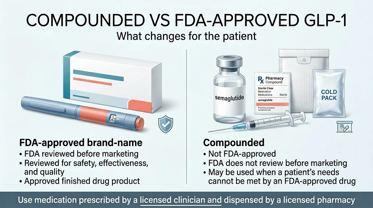 TrimRx review: compounded vs FDA-approved GLP-1 medications — what changes for the patient. FDA-approved brand-name drugs are reviewed before marketing for safety, effectiveness, and quality. Compounded drugs are not FDA-approved finished products and are not reviewed before marketing, but may be used when an FDA-approved drug does not meet a patient's needs.