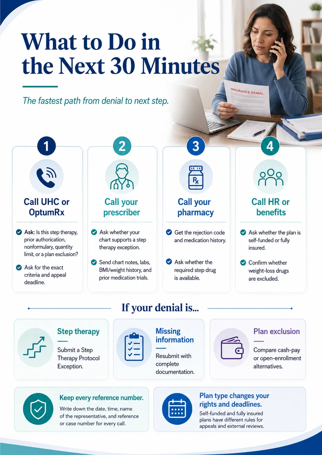 What to do in the next 30 minutes: 4-call sequence for UHC step therapy denial \u2014 call UHC/OptumRx, your prescriber, your pharmacy, and HR or benefits