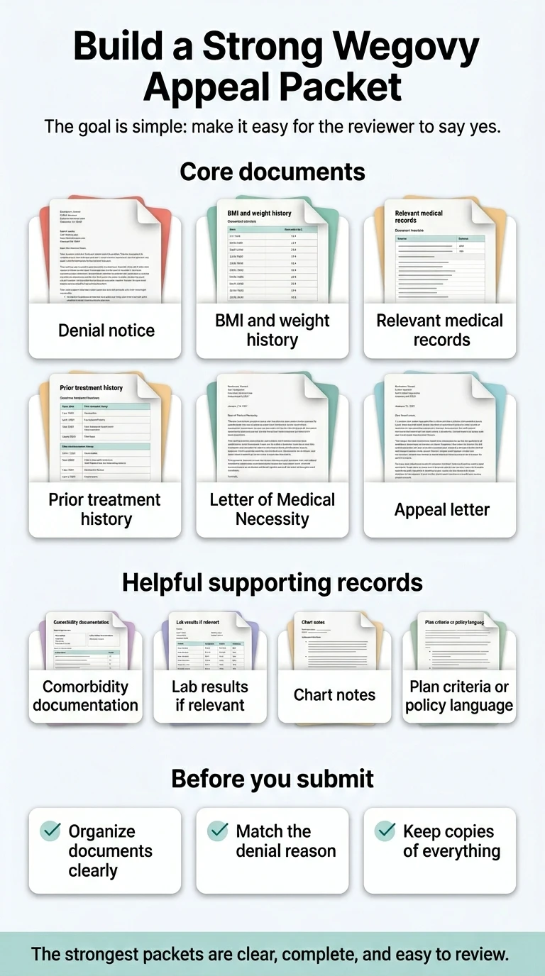 Build a Strong Wegovy Appeal Packet infographic. Core documents: denial notice, BMI and weight history, relevant medical records, prior treatment history, Letter of Medical Necessity, appeal letter. Helpful supporting records: comorbidity documentation, lab results if relevant, chart notes, plan criteria or policy language. Before you submit: organize documents clearly, match the denial reason, keep copies of everything. The strongest packets are clear, complete, and easy to review.